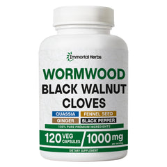 Immortal Herbs wormwood black walnut clove cleanse bottle showing the 7-in-1 formula for daily wellness.