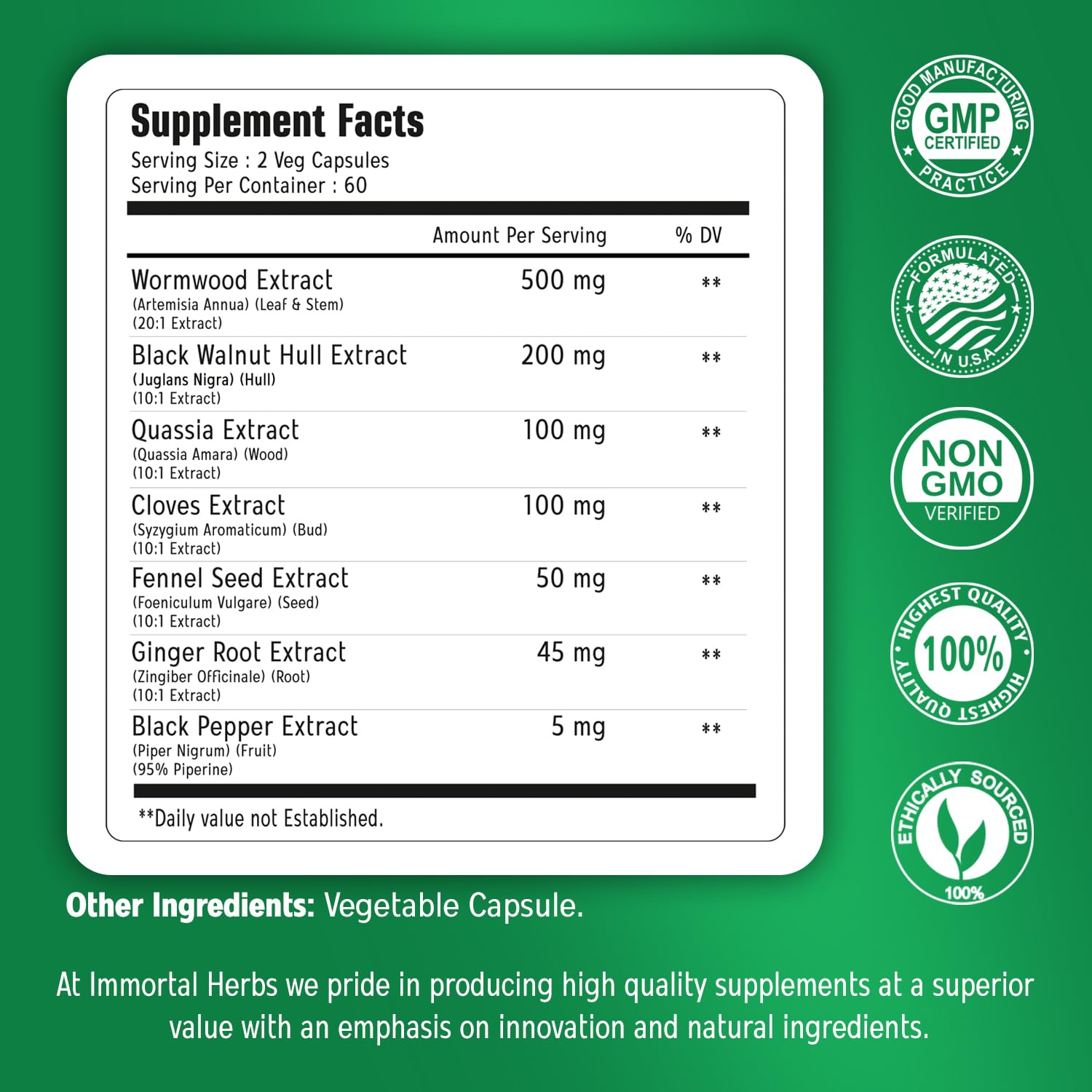 Immortal Herbs wormwood capsules close-up highlighting vegan and gluten-free capsules.