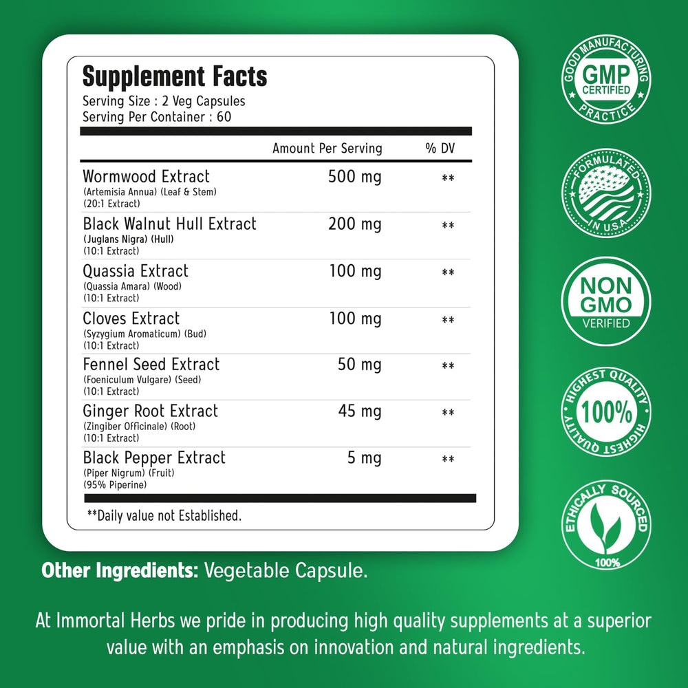 Immortal Herbs wormwood capsules close-up highlighting vegan and gluten-free capsules.