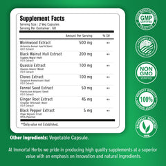 Immortal Herbs wormwood capsules close-up highlighting vegan and gluten-free capsules.