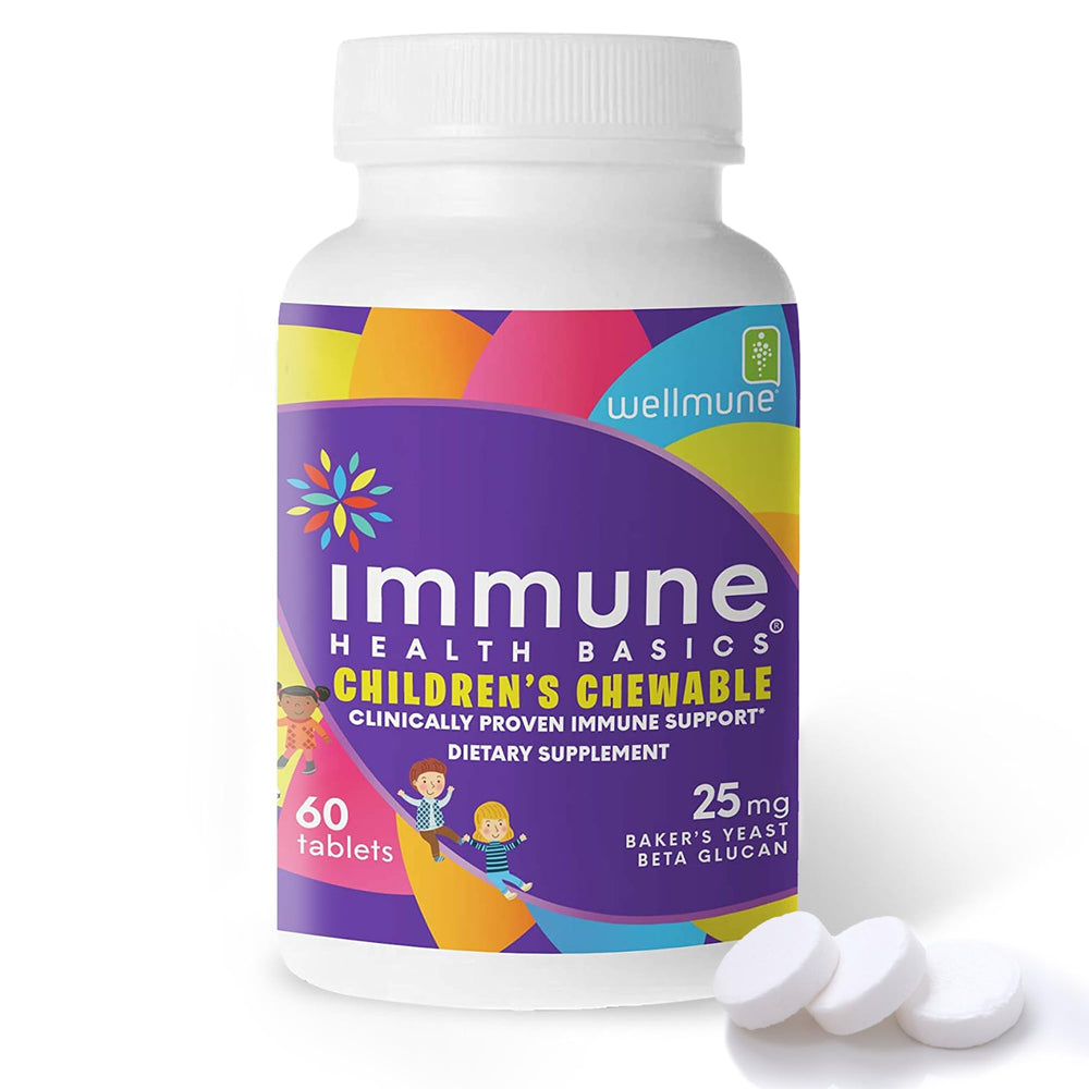 Immune Health Basics children's chewable bottle shows kid-friendly packaging and easy dosing.