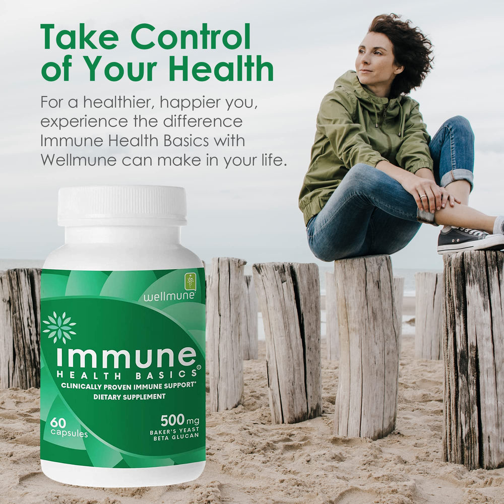 Immune Health Basics Wellmune beta glucan label highlights a gluten-free, vegan formula.