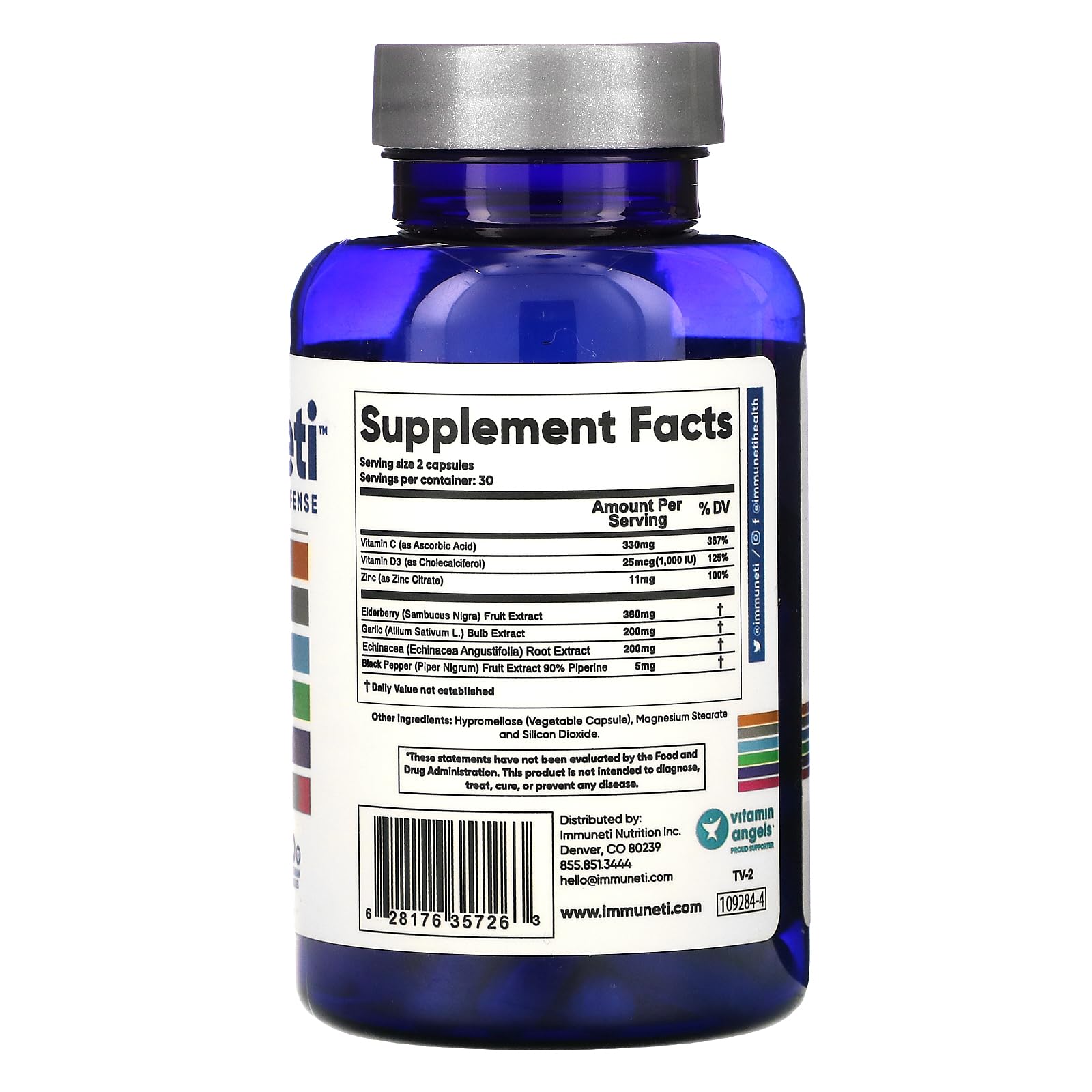 Immuneti 6-in-1 ingredients panel highlighting elderberry and zinc for immune support.