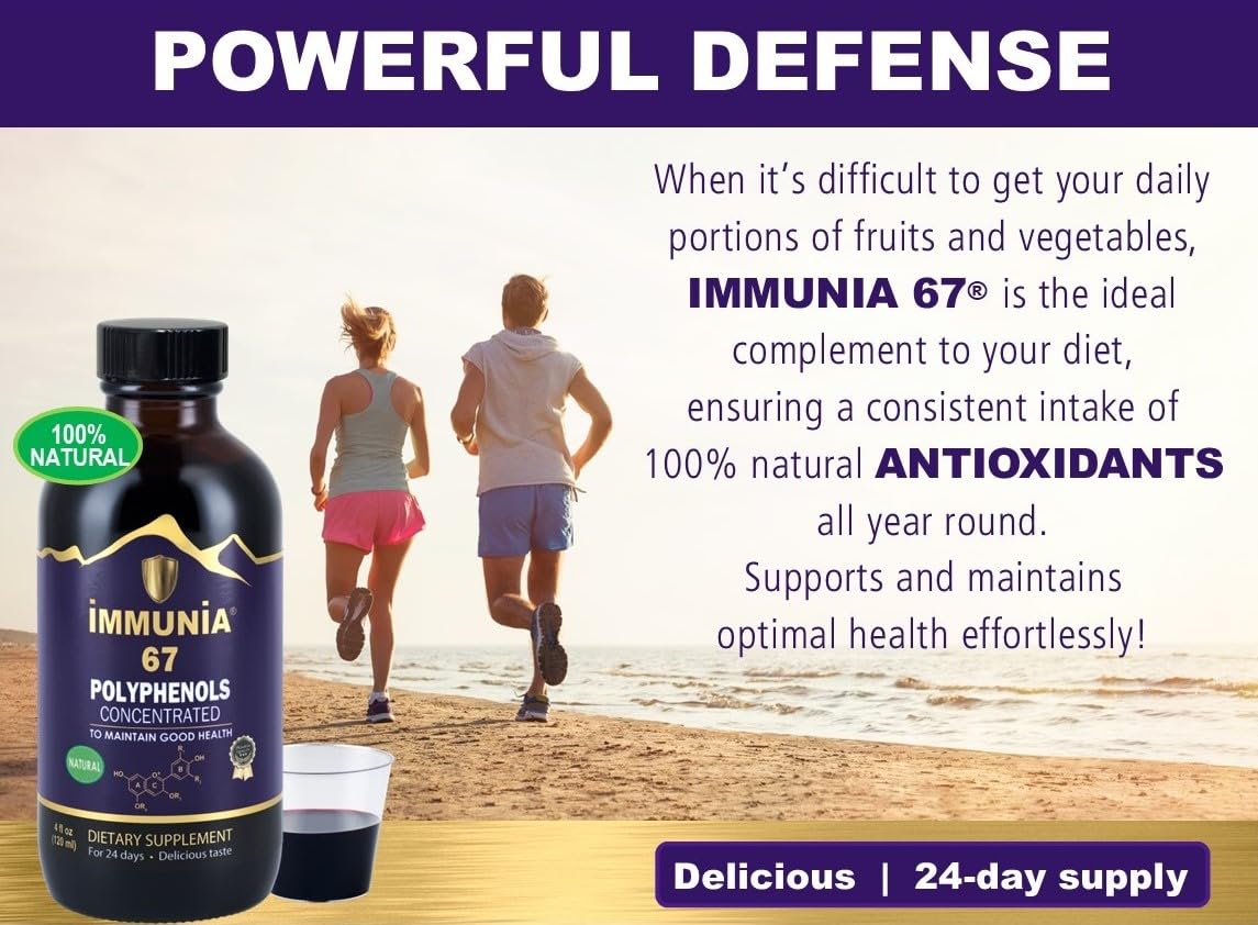 Close-up of Immunia 67 Polyphenols bottle pour suggesting simple daily dosing and fast absorption.