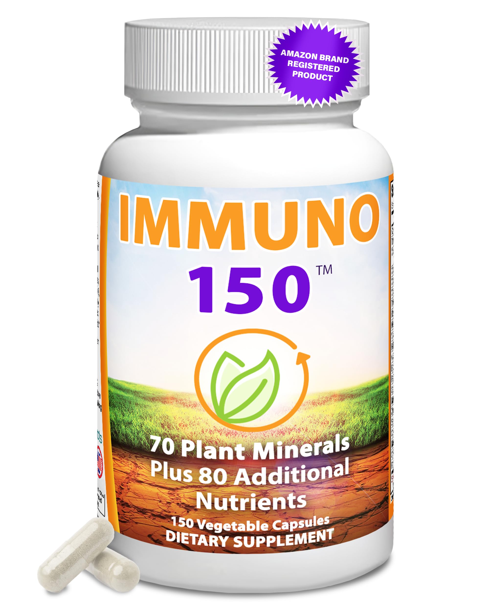Immuno 150 bottle and capsules for daily immune support.