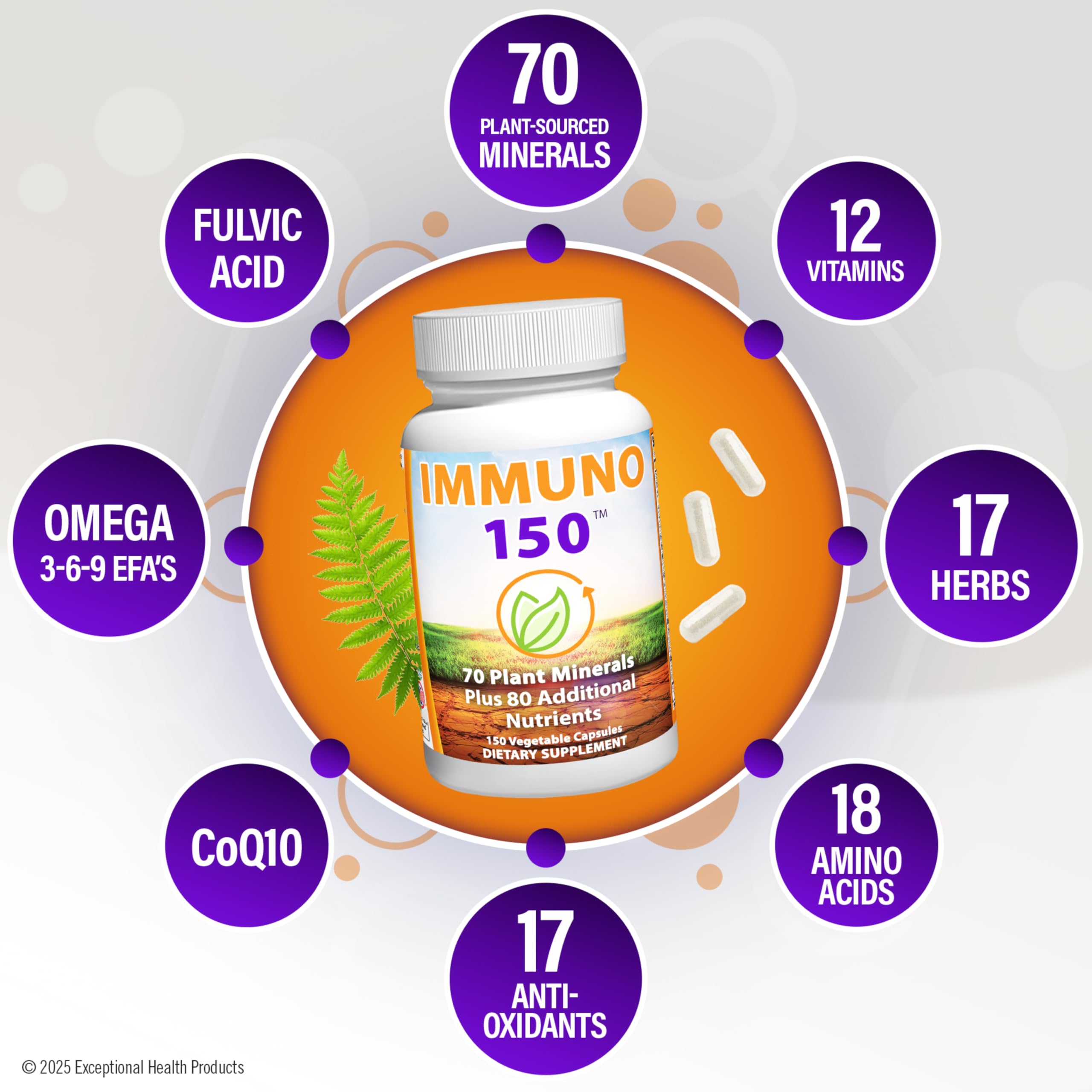 Immuno 150 bottle label emphasizing organic and non-GMO formula.