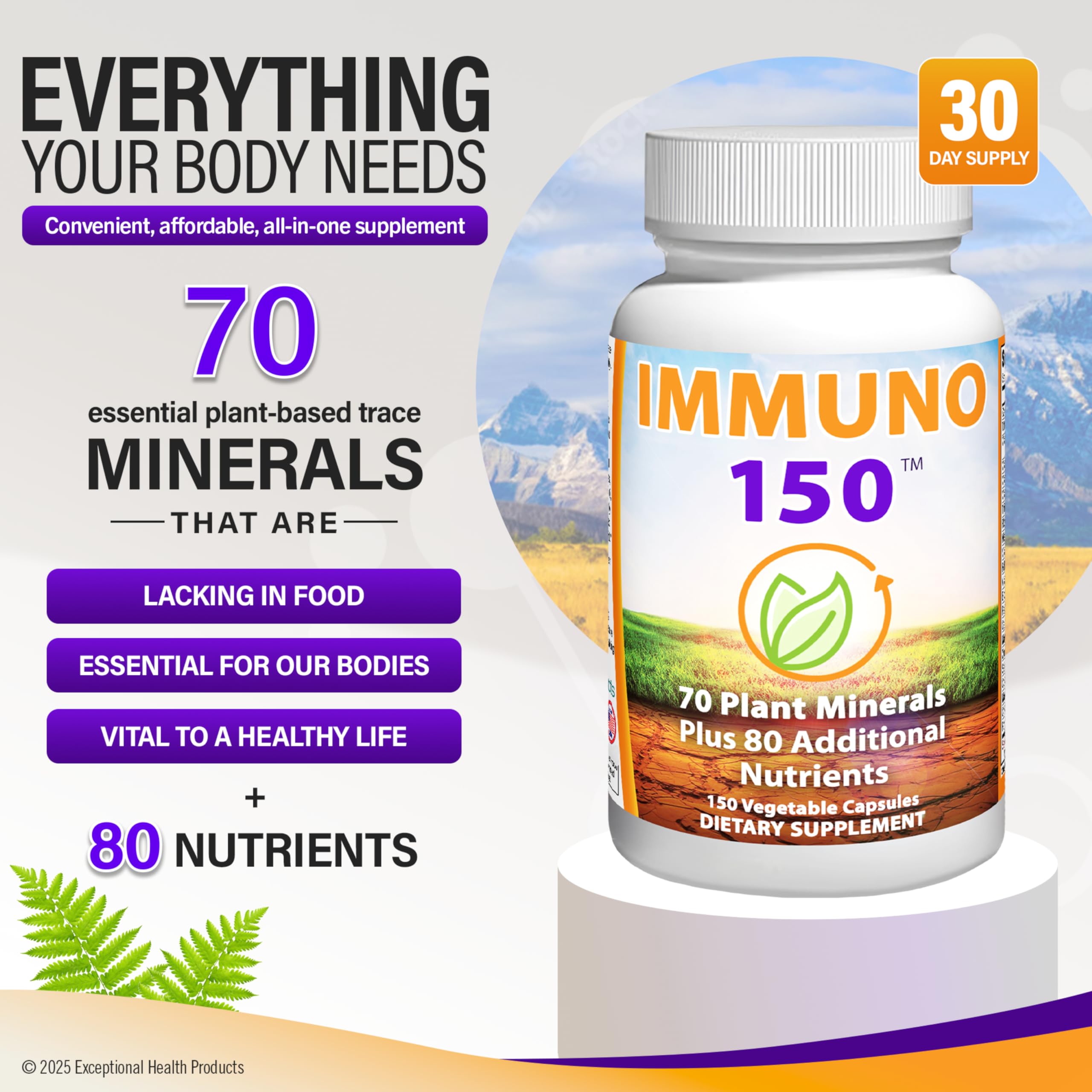 Close-up of Immuno 150 capsules highlighting minerals and nutrients.
