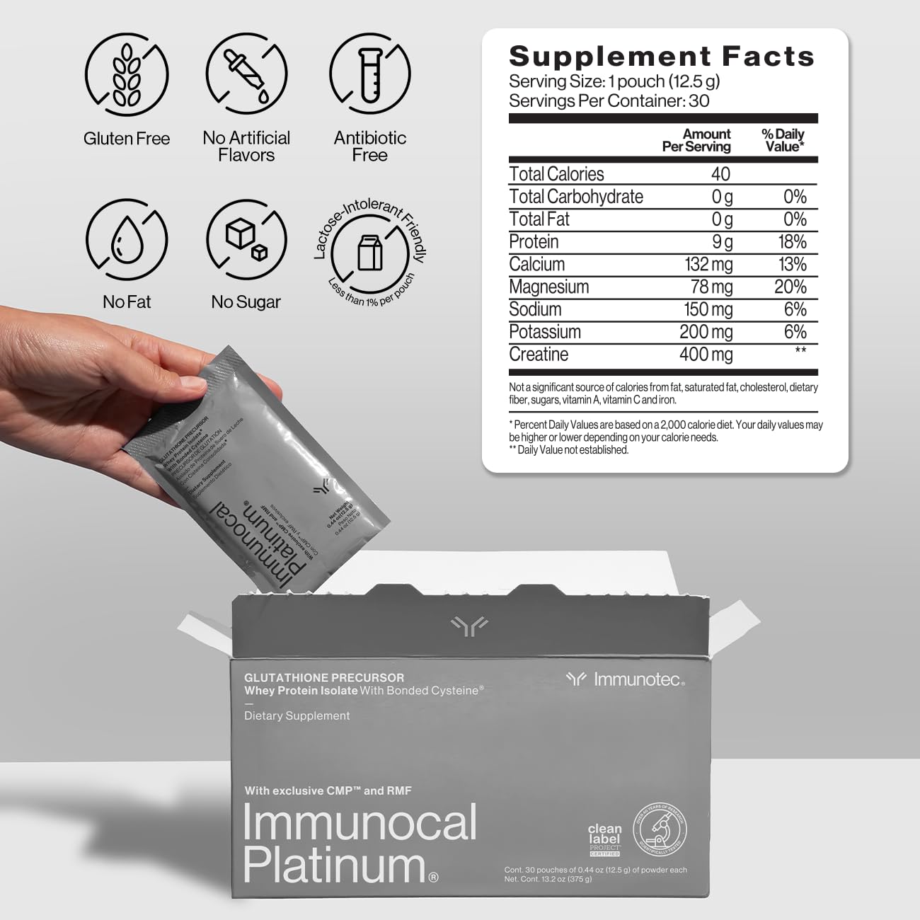 Immunocal Platinum packaging highlighting CMP and RMF technology for potential age-related benefits.