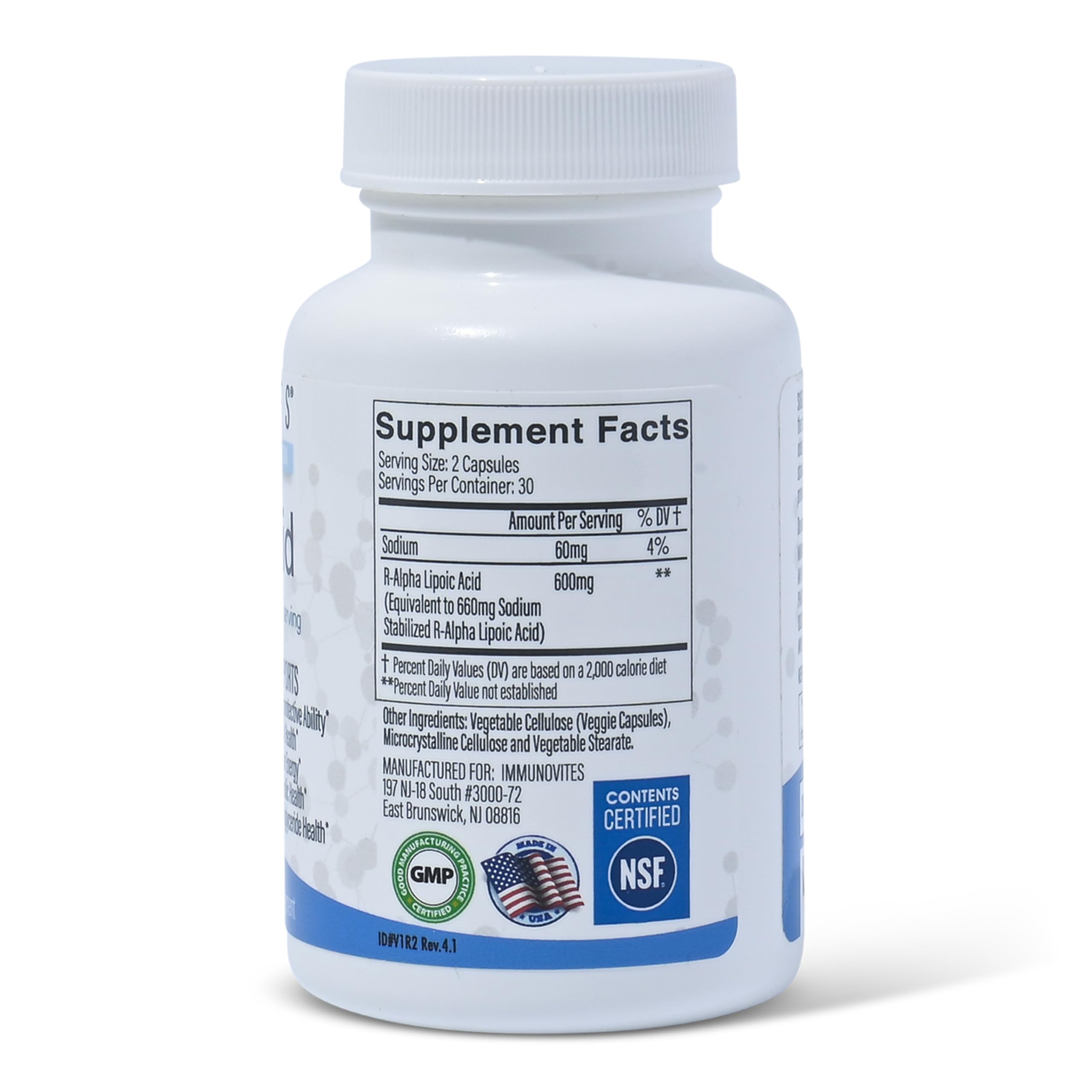 IMMUNOVITES stabilized R-ALA capsules close-up for convenient daily antioxidant support.