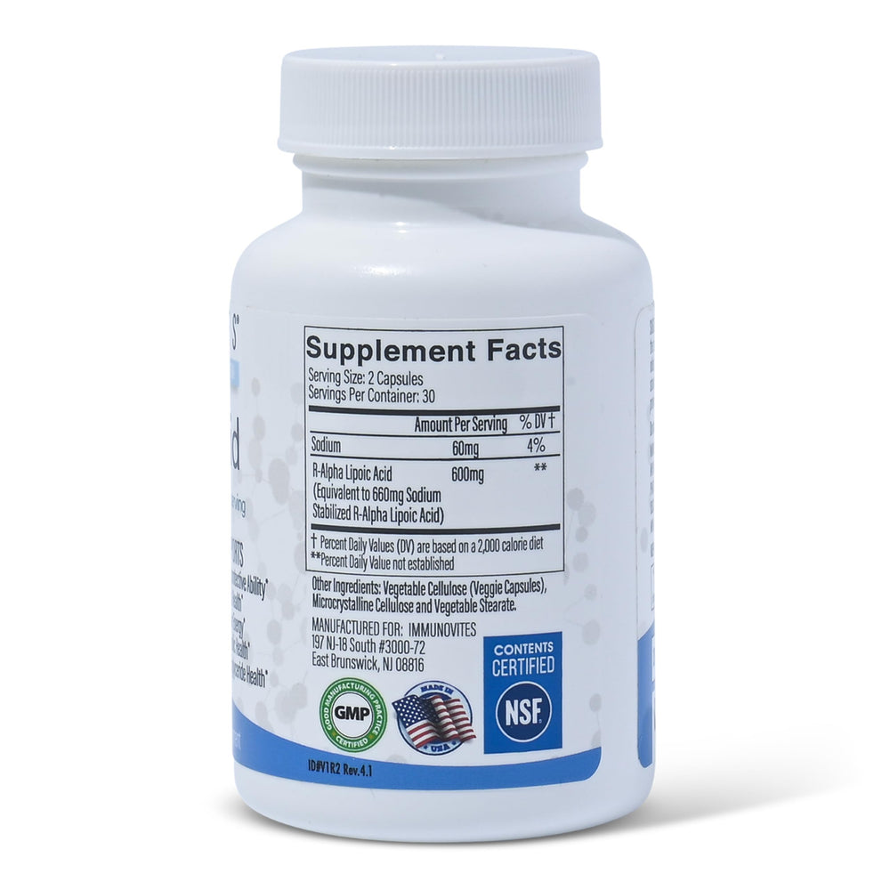 IMMUNOVITES stabilized R-ALA capsules close-up for convenient daily antioxidant support.