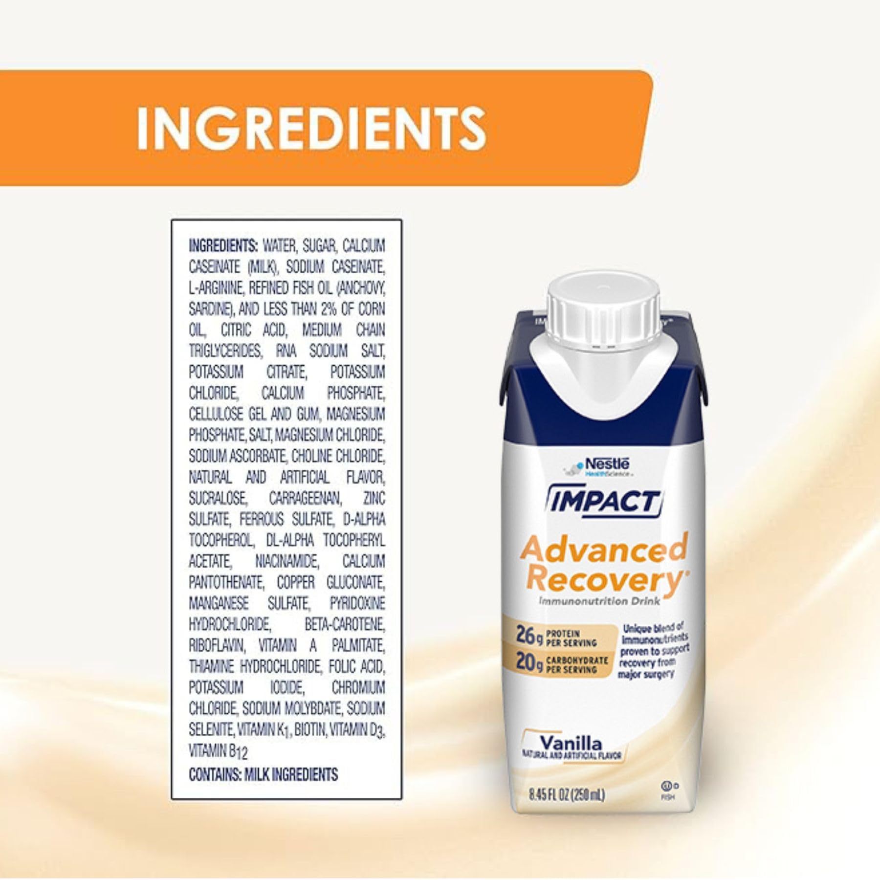 Impact Advanced Recovery Drink vanilla carton shown as convenient recovery option.