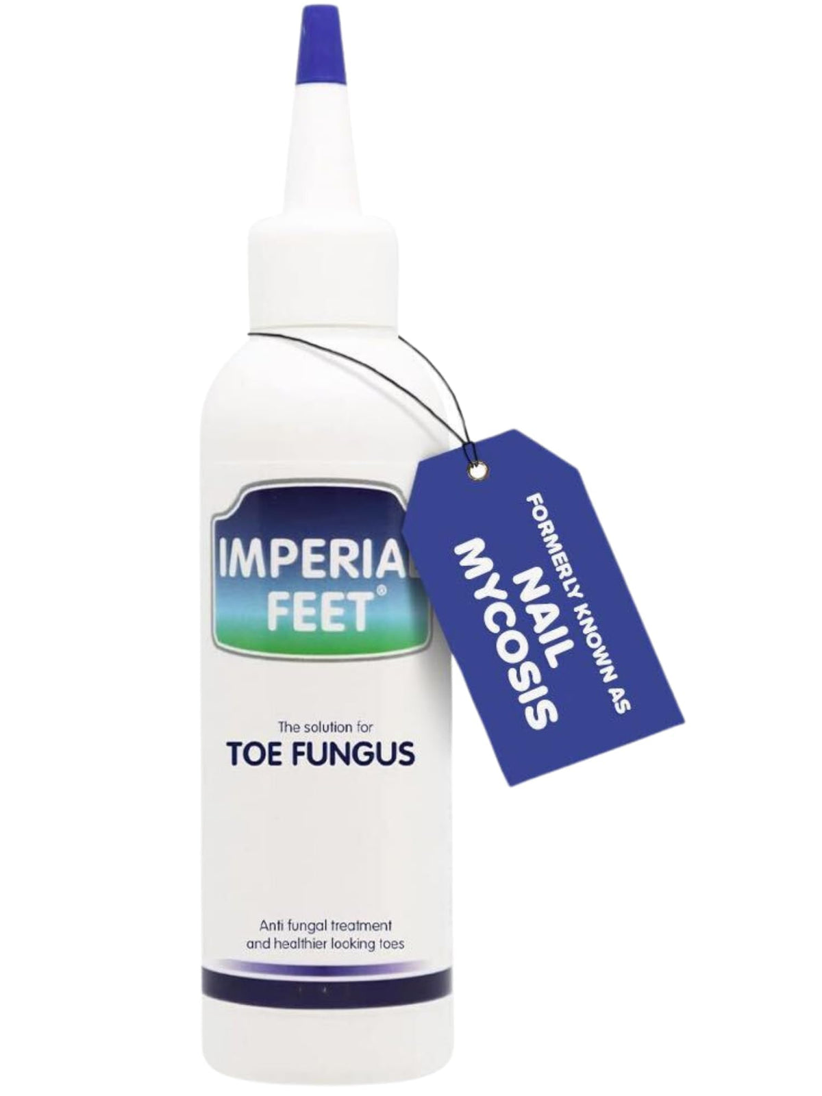 Imperial Feet toe-nail fungus treatment bottle for at-home care of discolored nails.