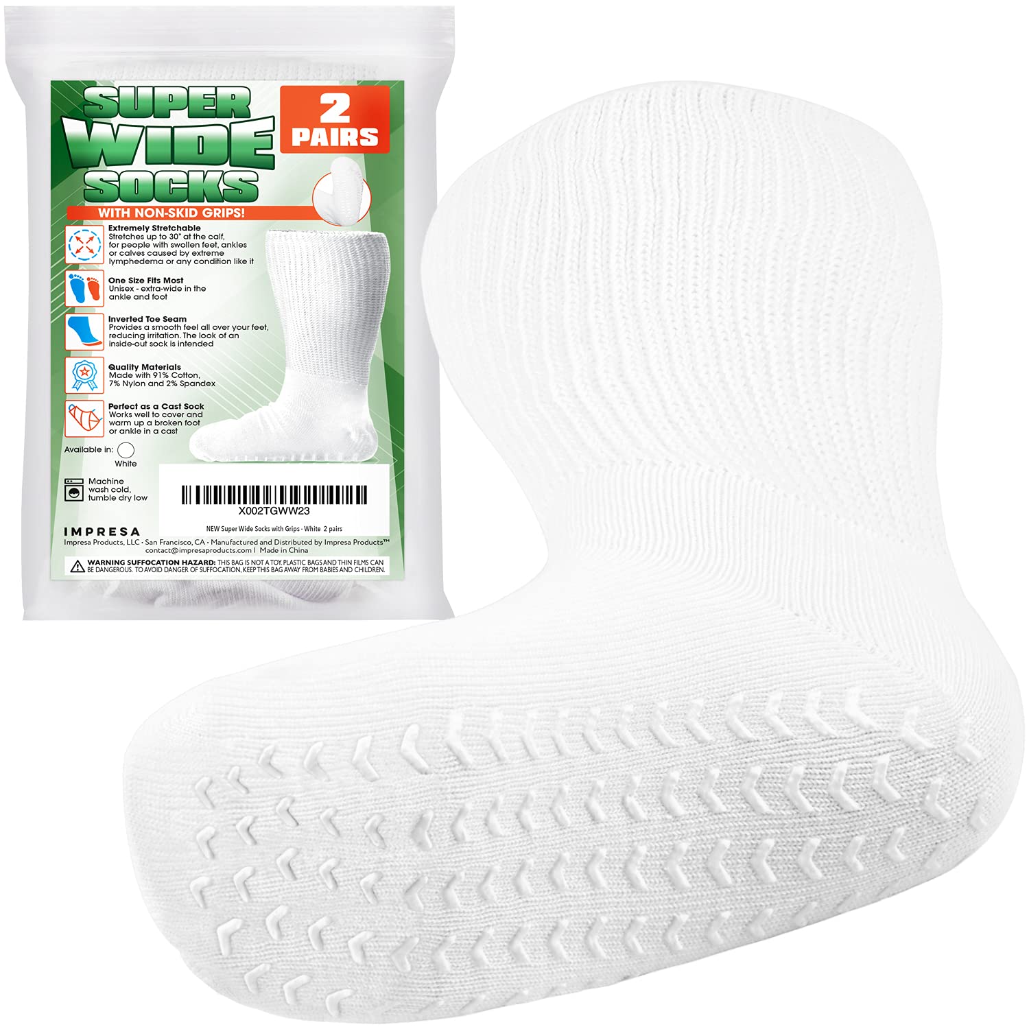 IMPRESA extra wide white calf high socks front view for roomy fit and comfort