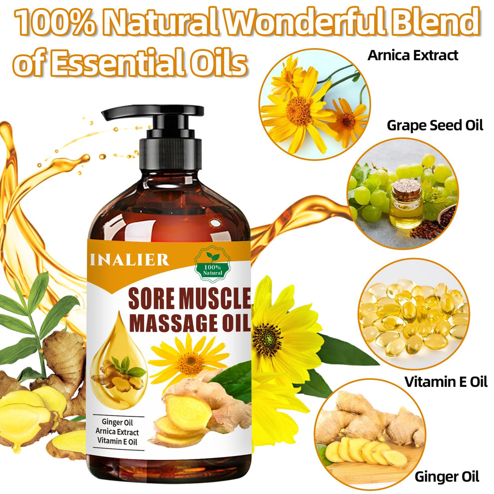 INALIER Arnica Ginger oil blend close-up highlights natural ingredients for muscle care.