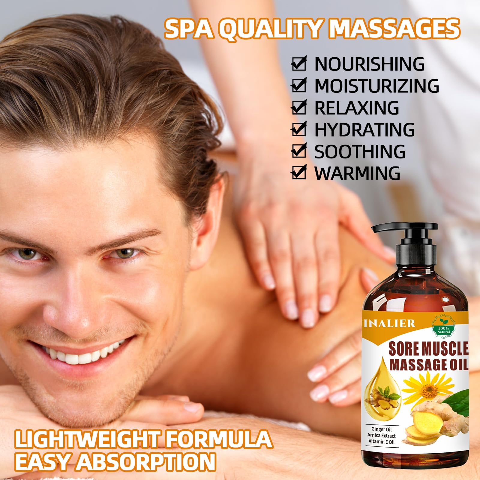 INALIER massage oil being rubbed into the skin for a relaxing home spa session.