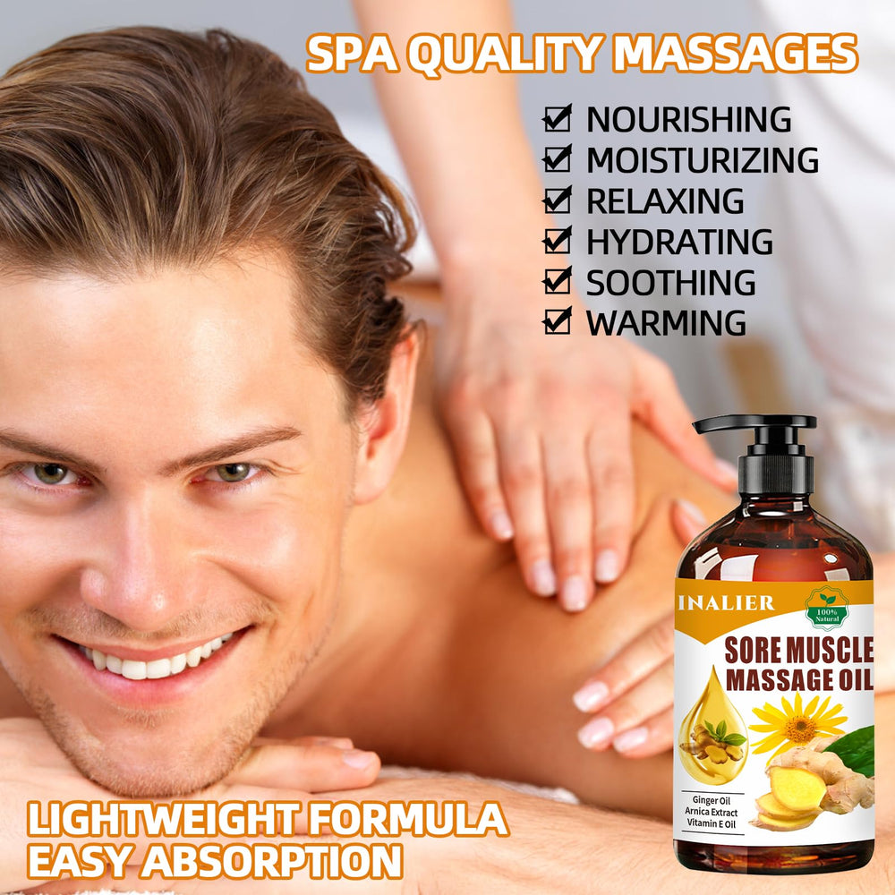 INALIER massage oil being rubbed into the skin for a relaxing home spa session.