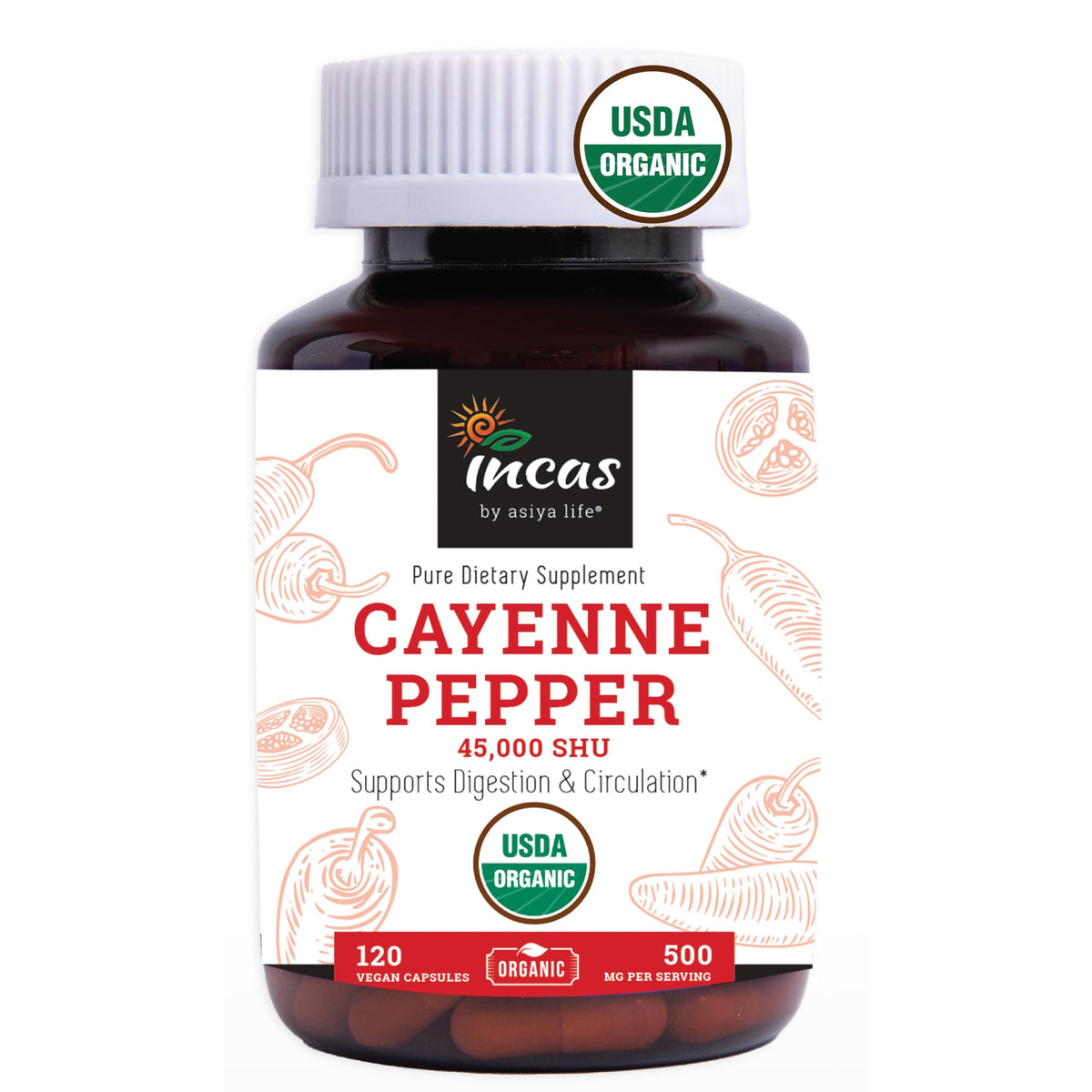 Incas by Asiya Life cayenne capsules bottle ready for daily use