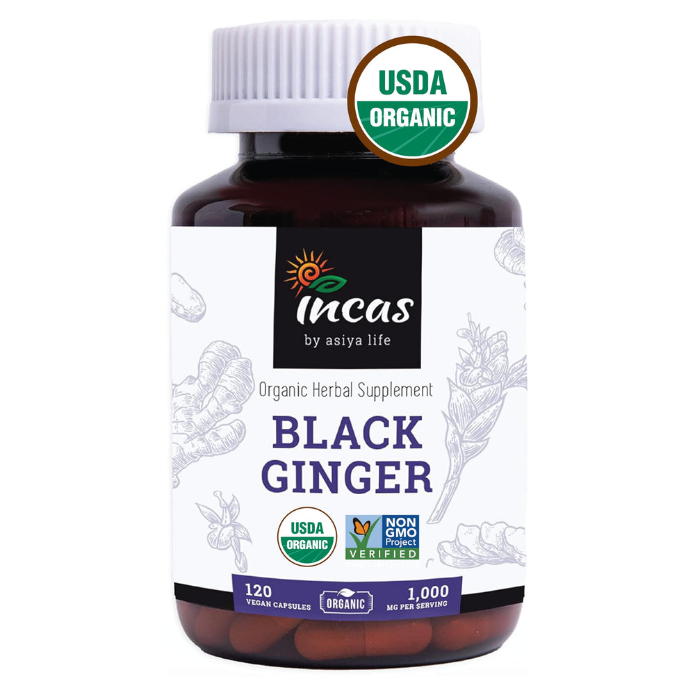 Incas by Asiya Life Thai Black Ginger capsules bottle front, 500mg for daily herbal support.