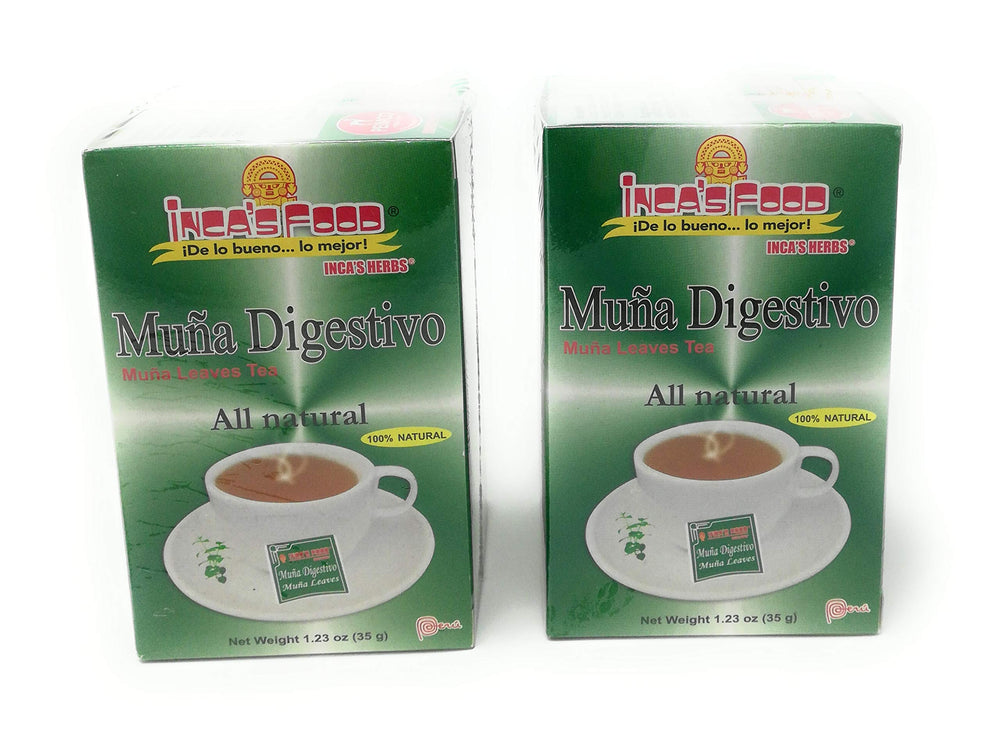 Inca's Herbs Muña Digestivo bottle front, all-natural herbal blend for post-meal occasions