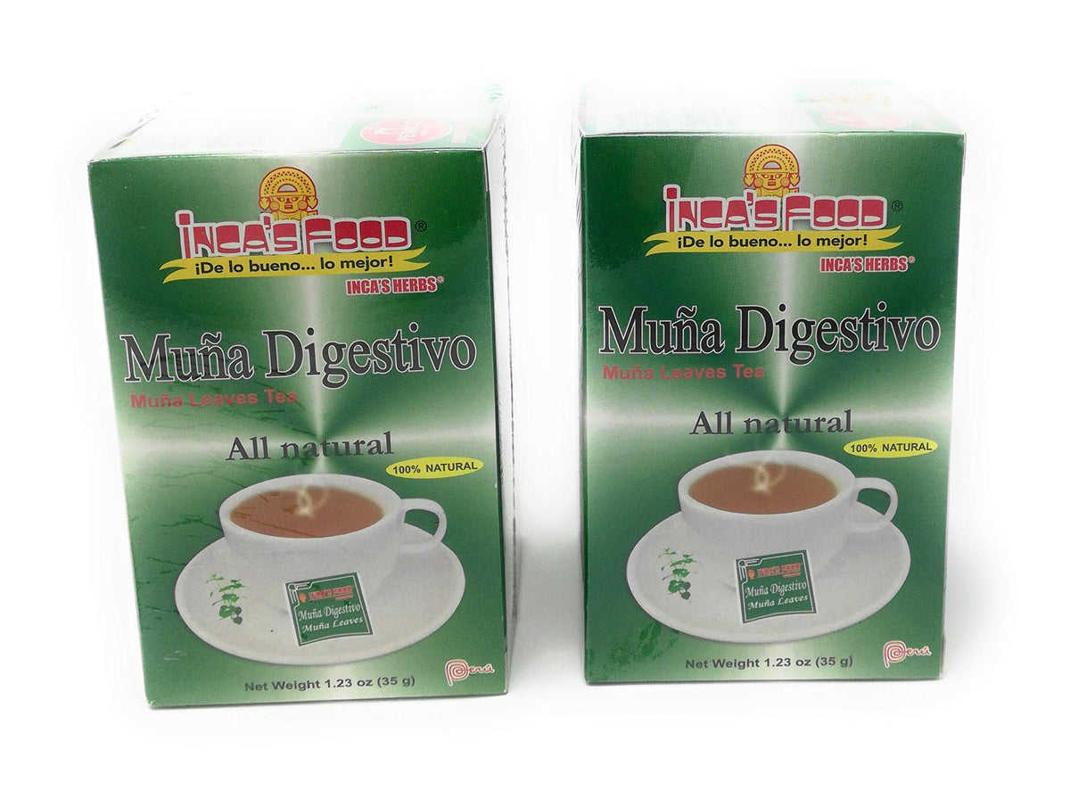 Inca's Herbs Muña Digestivo bottle front, all-natural herbal blend for post-meal occasions