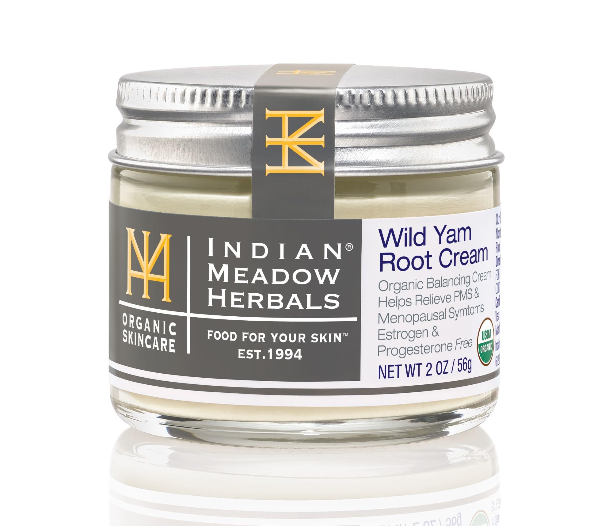 Indian Meadow Herbals Wild Yam Root Cream jar shows a soothing herbal moisturizer for PMS comfort.