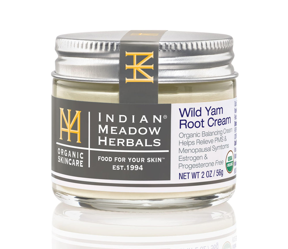 Indian Meadow Herbals Wild Yam Root Cream jar shows a soothing herbal moisturizer for PMS comfort.