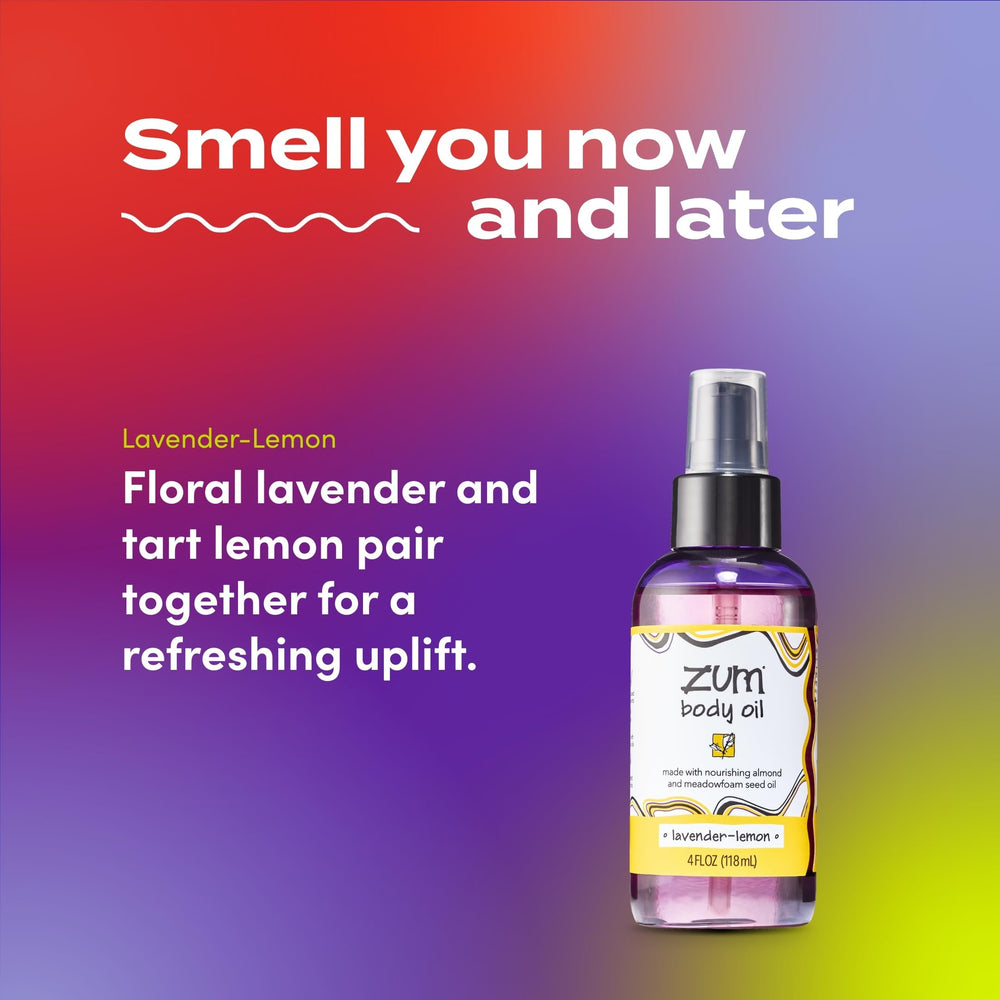 Indigo Wild Zum Lavender-Lemon Body Oil label close-up shows natural ingredients.