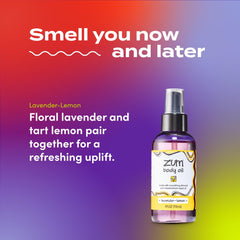 Indigo Wild Zum Lavender-Lemon Body Oil label close-up shows natural ingredients.