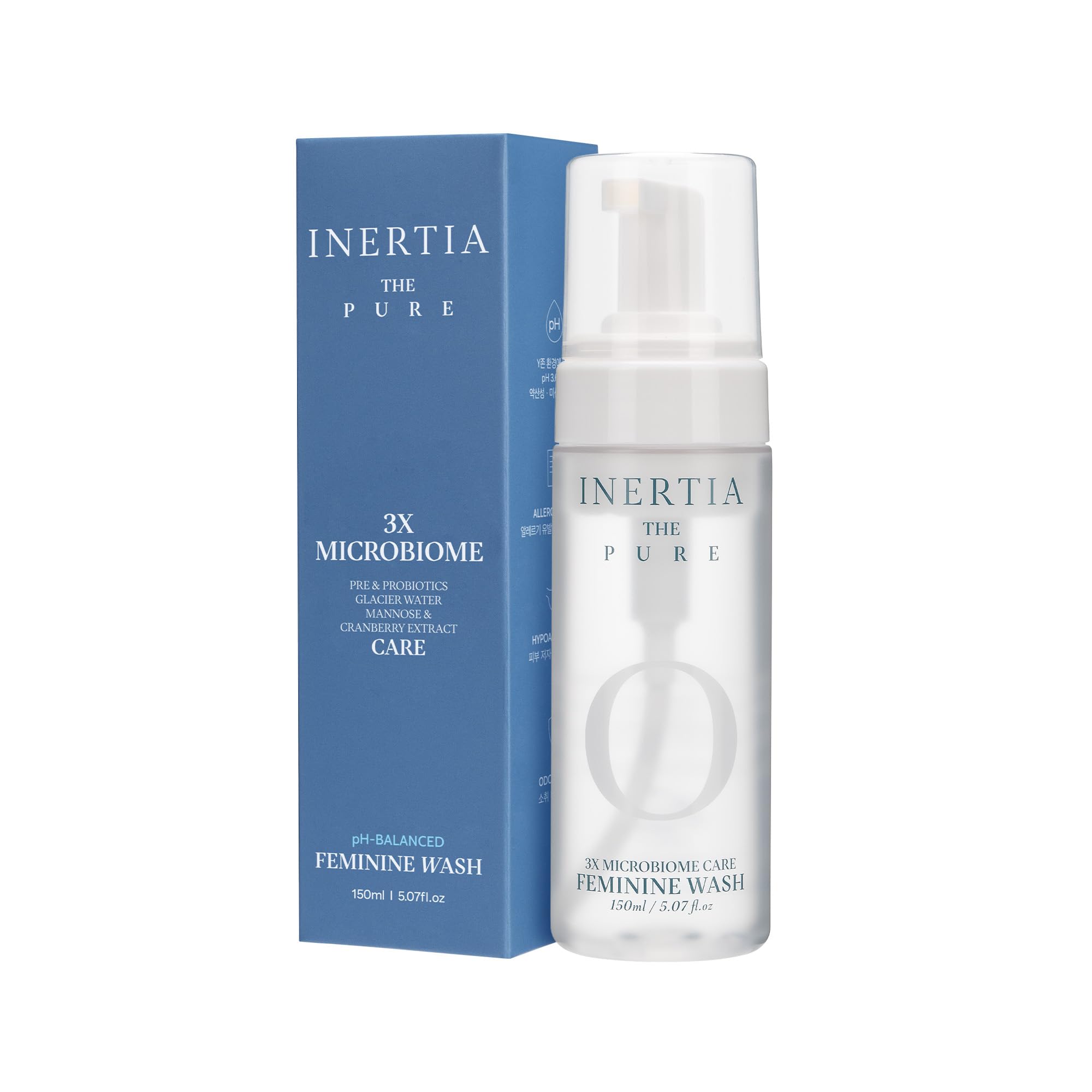 Inertia pH-balanced feminine wash bottle pour for easy daily cleansing.