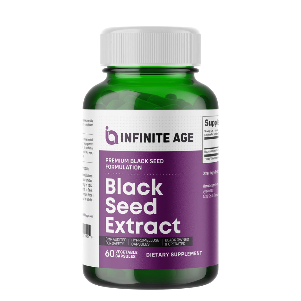 Infinite Age black seed oil capsules bottle ready for daily immune support.
