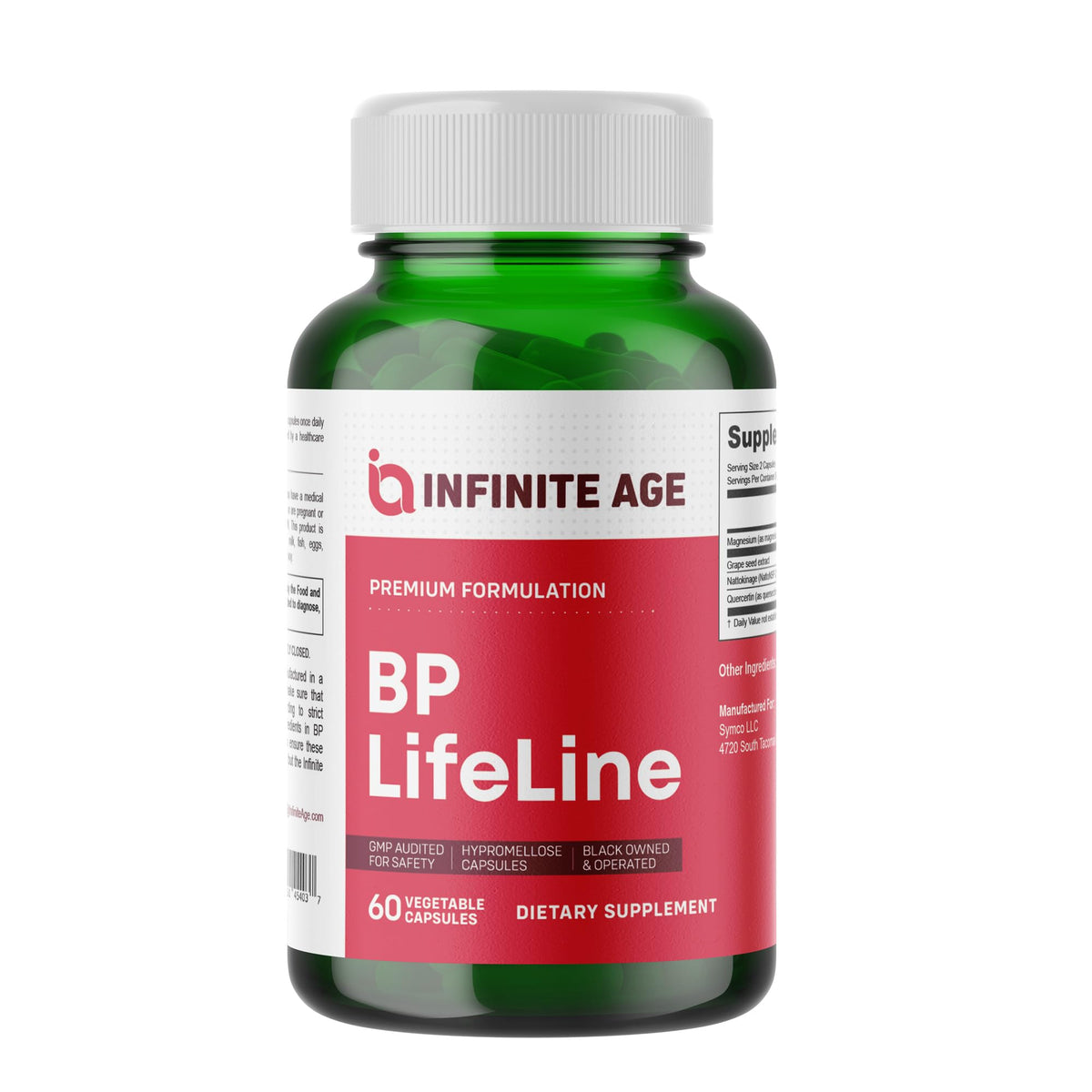 INFINITE AGE BP Lifeline bottle shows grapeseed capsules for heart support.