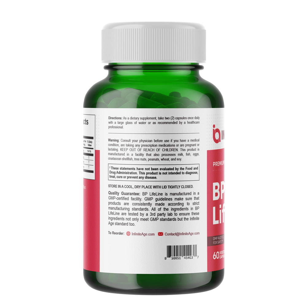 INFINITE AGE BP Lifeline bottle features quercetin capsules for daily wellness.