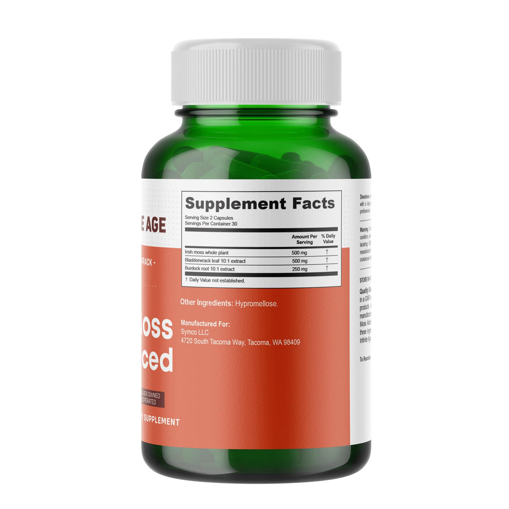 Infinite Age sea moss capsules closeup highlighting high potency vegan blend.