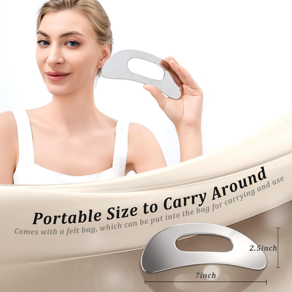 Guasha de acero pulido InfiniteRelax con borde redondeado para evitar irritación.