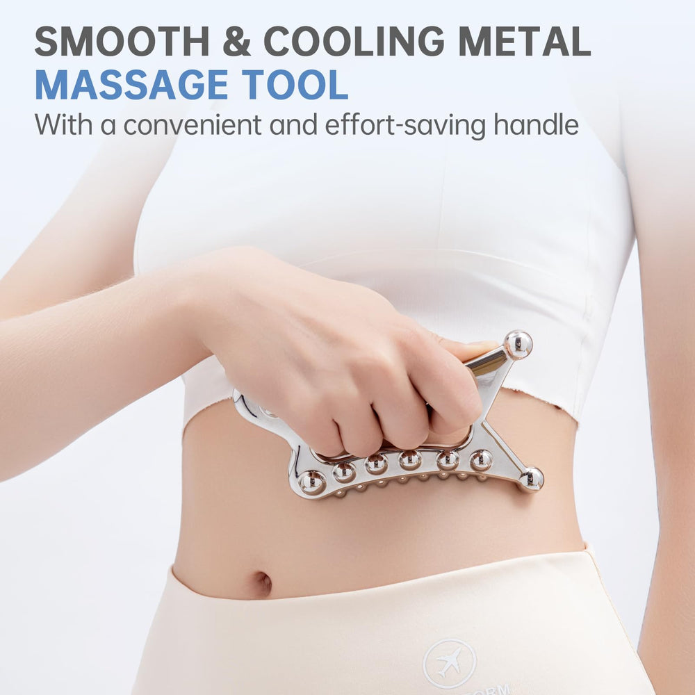 InfiniteRelax herramienta gua sha de metal fascia, ayuda a liberar tensiones en tejidos.