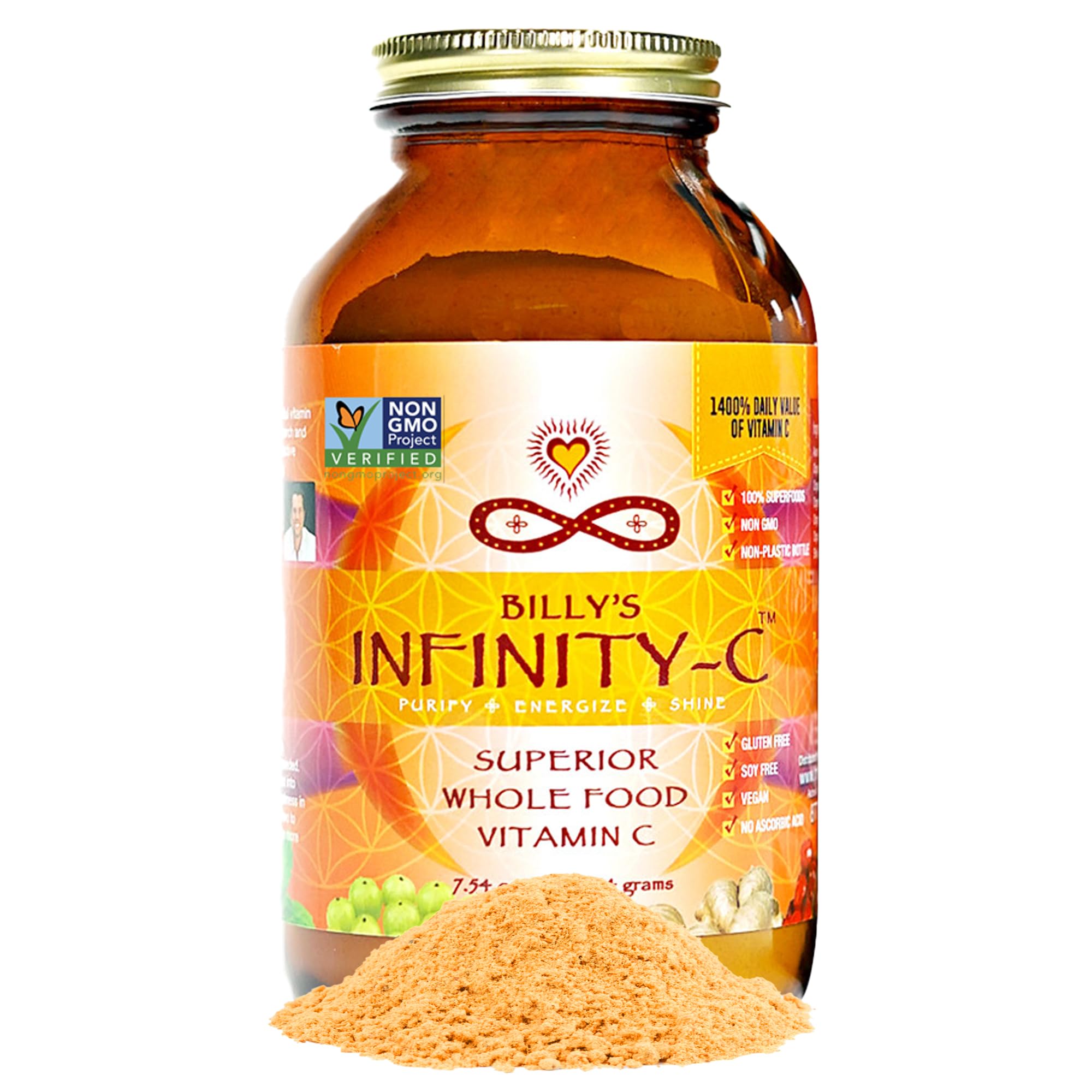 Infinity Greens Infinity-C bottle pours for a daily vitamin C boost.