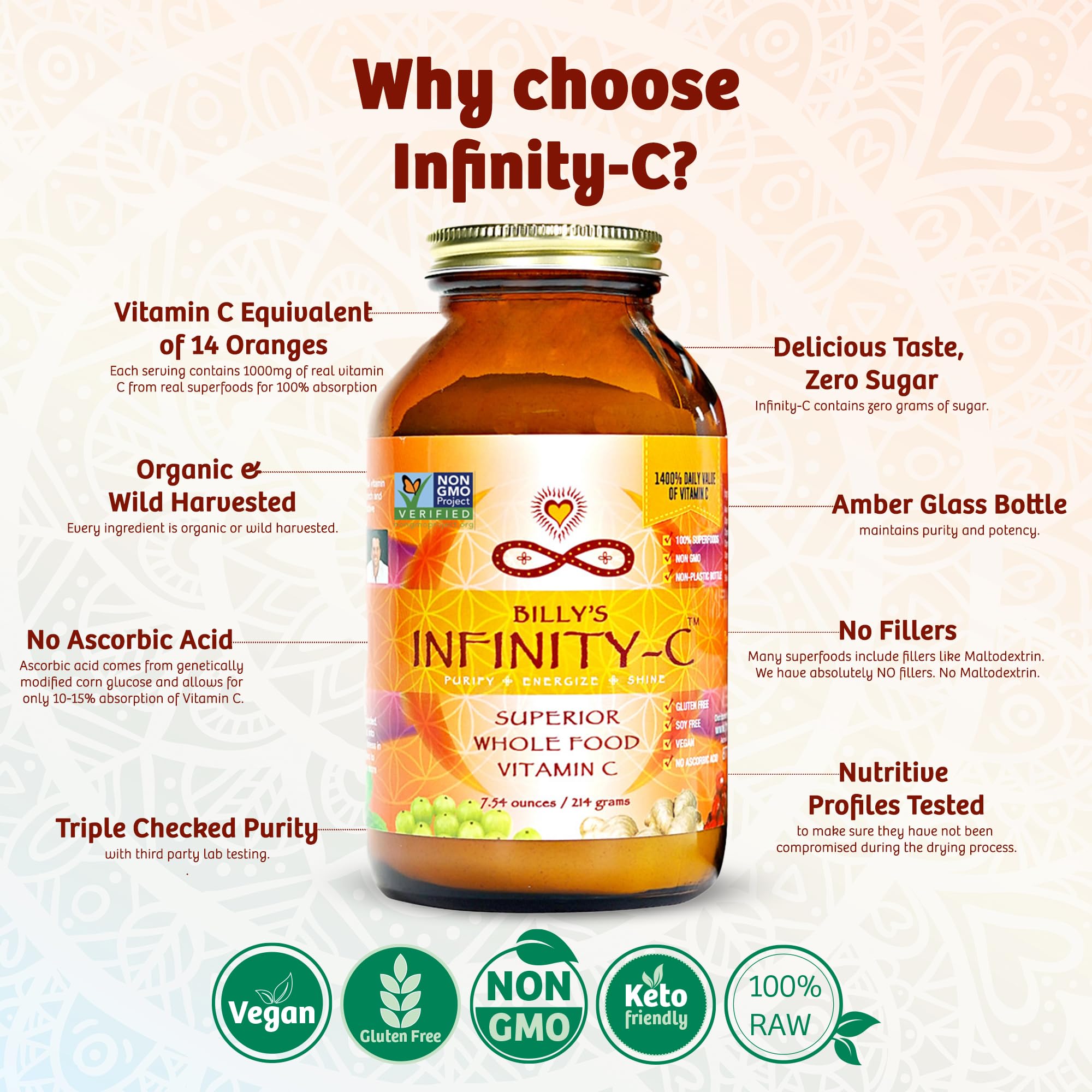 Infinity Greens Infinity-C organic stevia note on packaging.