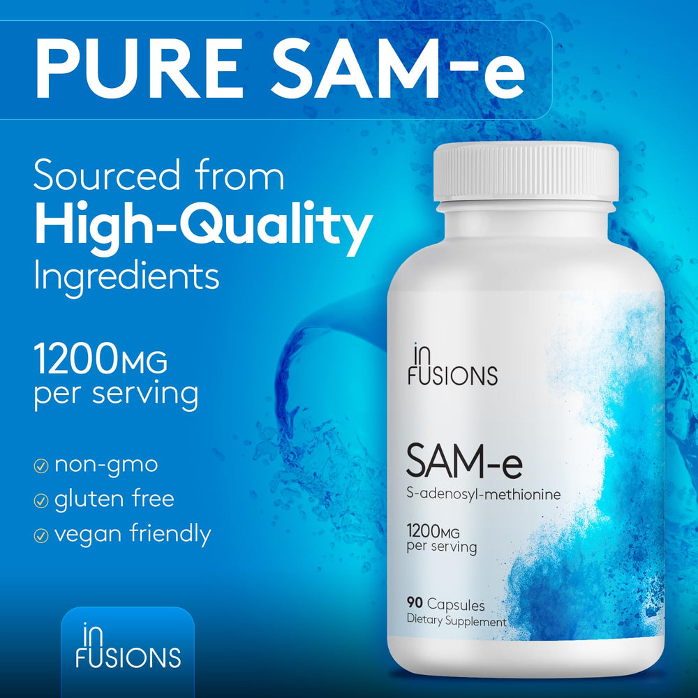 Infusions International SAM-e 1200mg vegan capsules suitable for gluten-free diets.