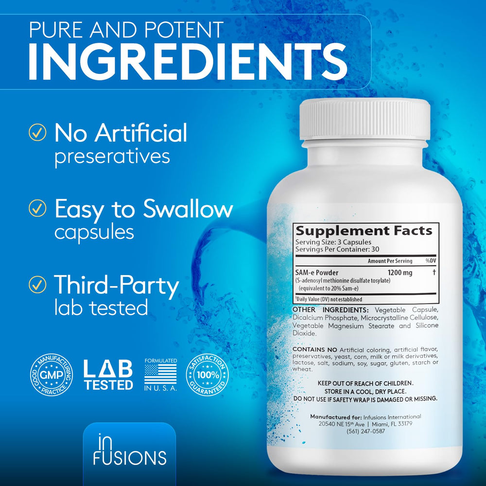 Infusions International SAM-e 1200mg bottle with GMP badge.