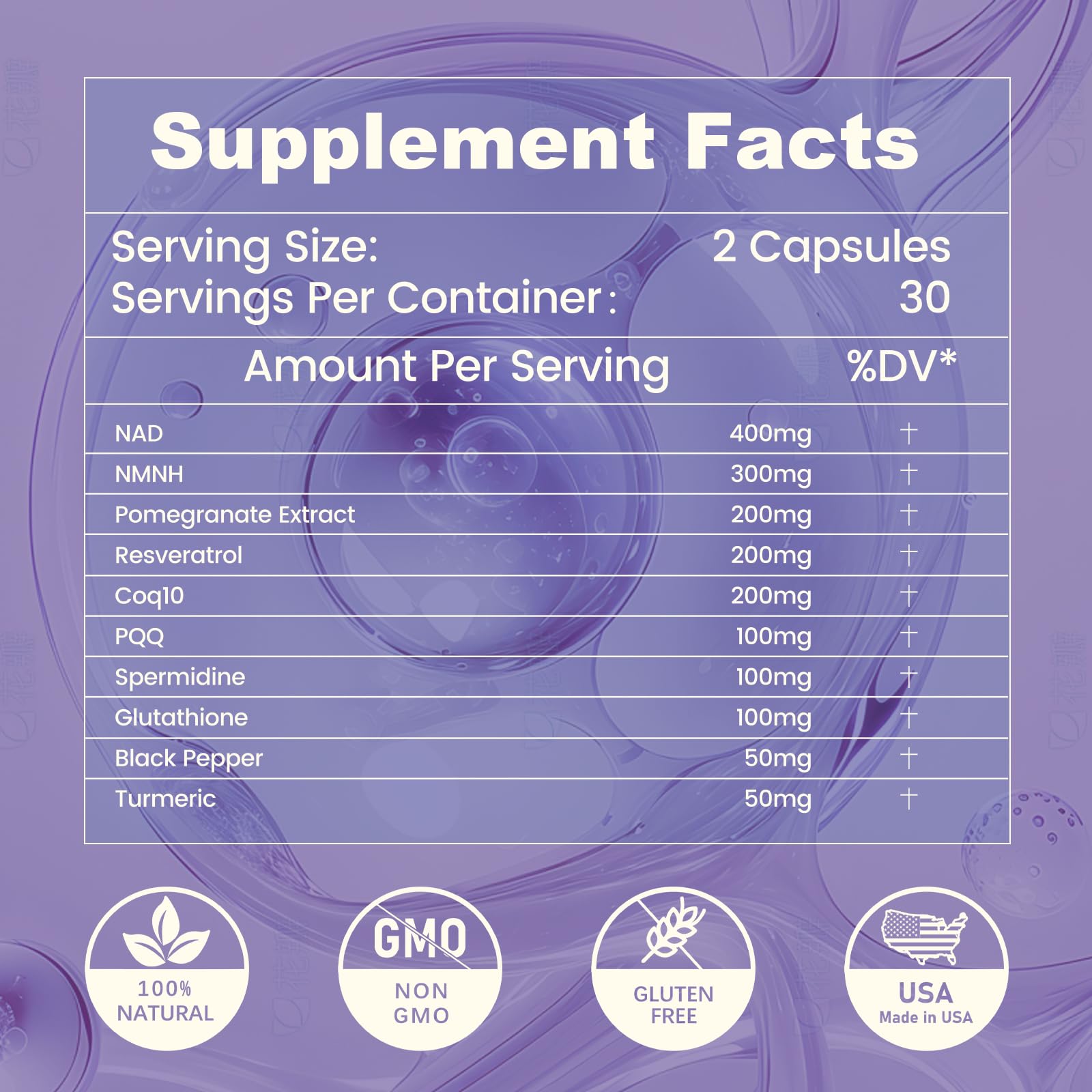 inGreens 10-in-1 antioxidants supplement bottle label highlights NAD NMNH CoQ10 and resveratrol.