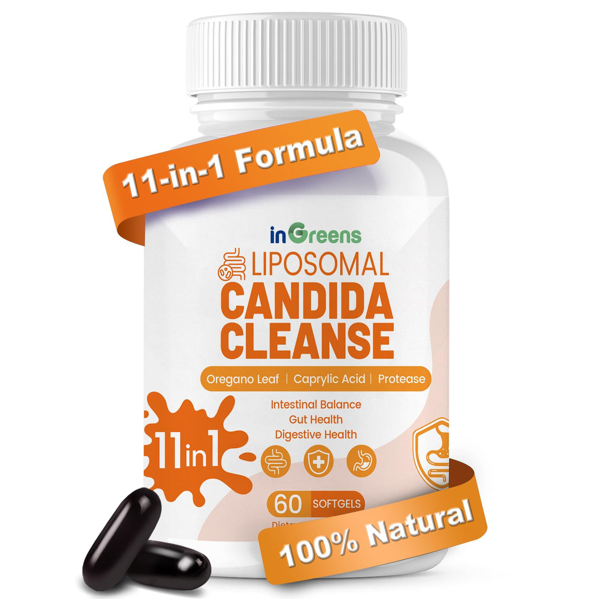 inGreens 11-in-1 Candida softgels bottle for daily gut balance