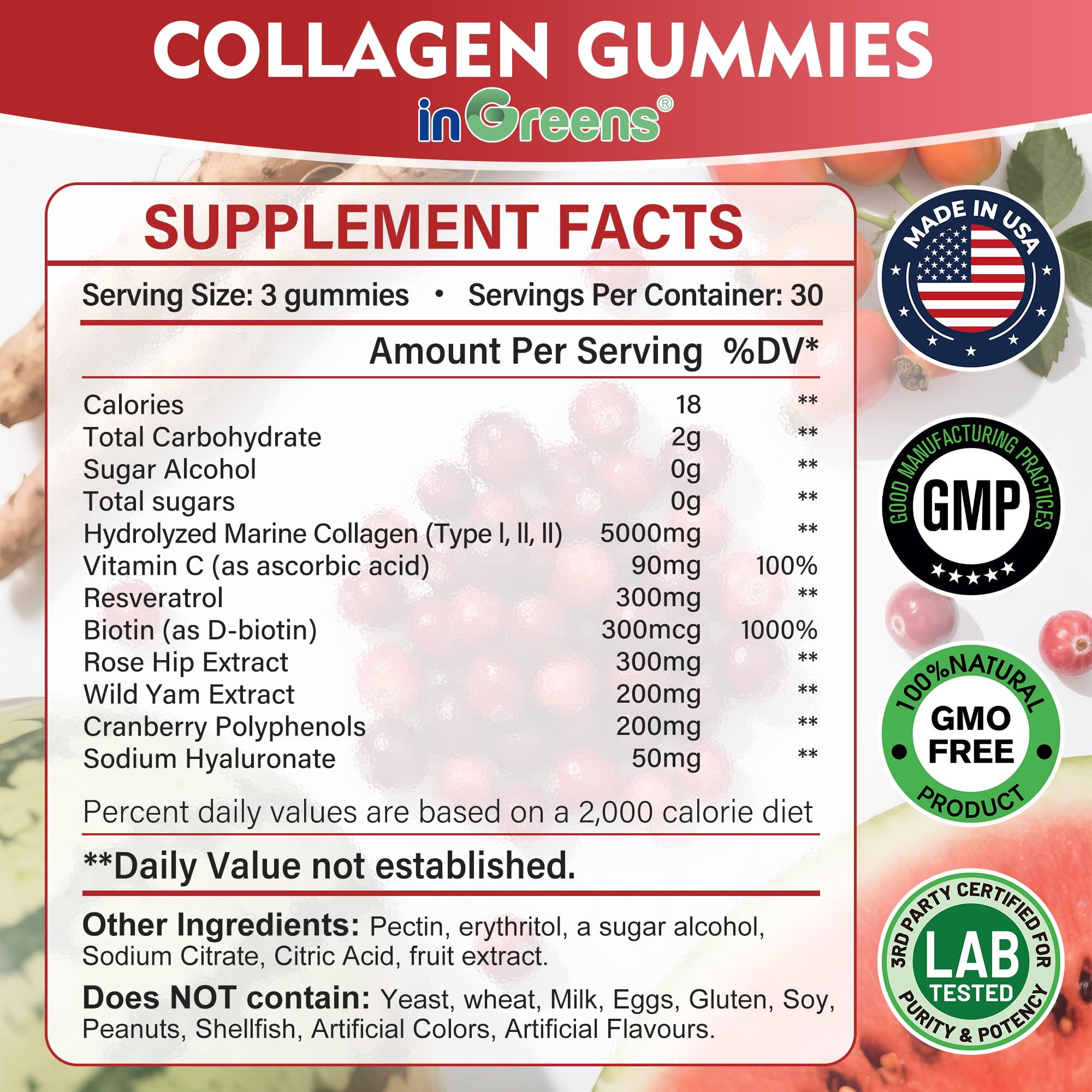 inGreens Collagen Gummies closeup texture shows chewy sugar-free formula for daily routine