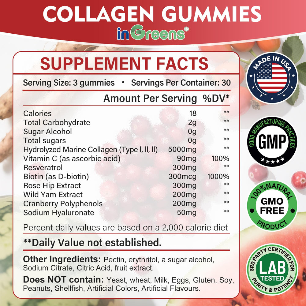 inGreens Collagen Gummies closeup texture shows chewy sugar-free formula for daily routine