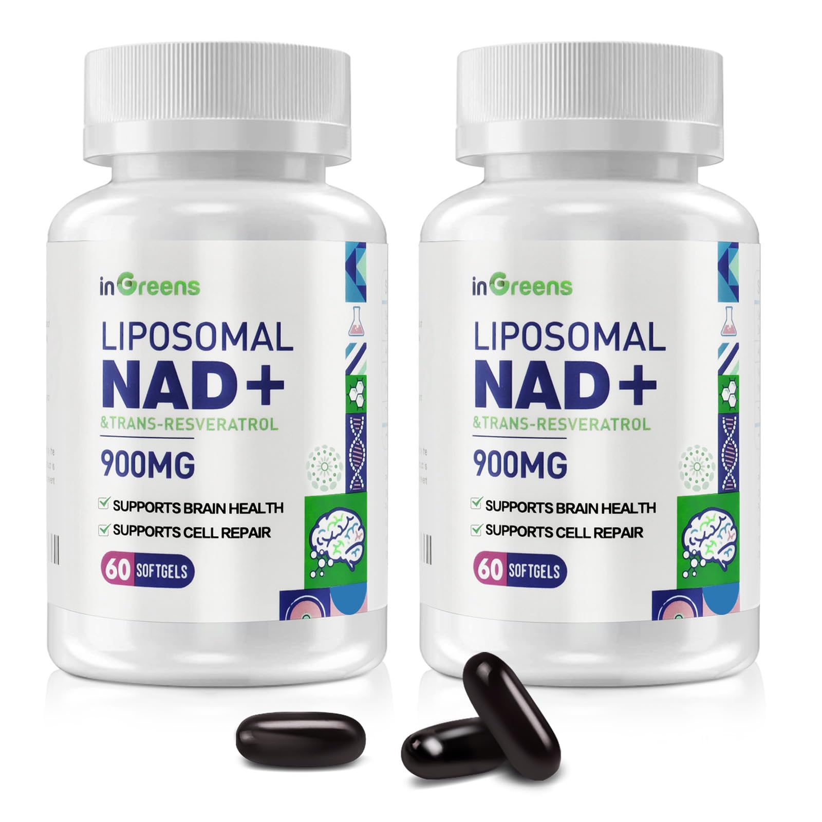 inGreens NAD+ softgel bottle showing high-dose energy support formula.