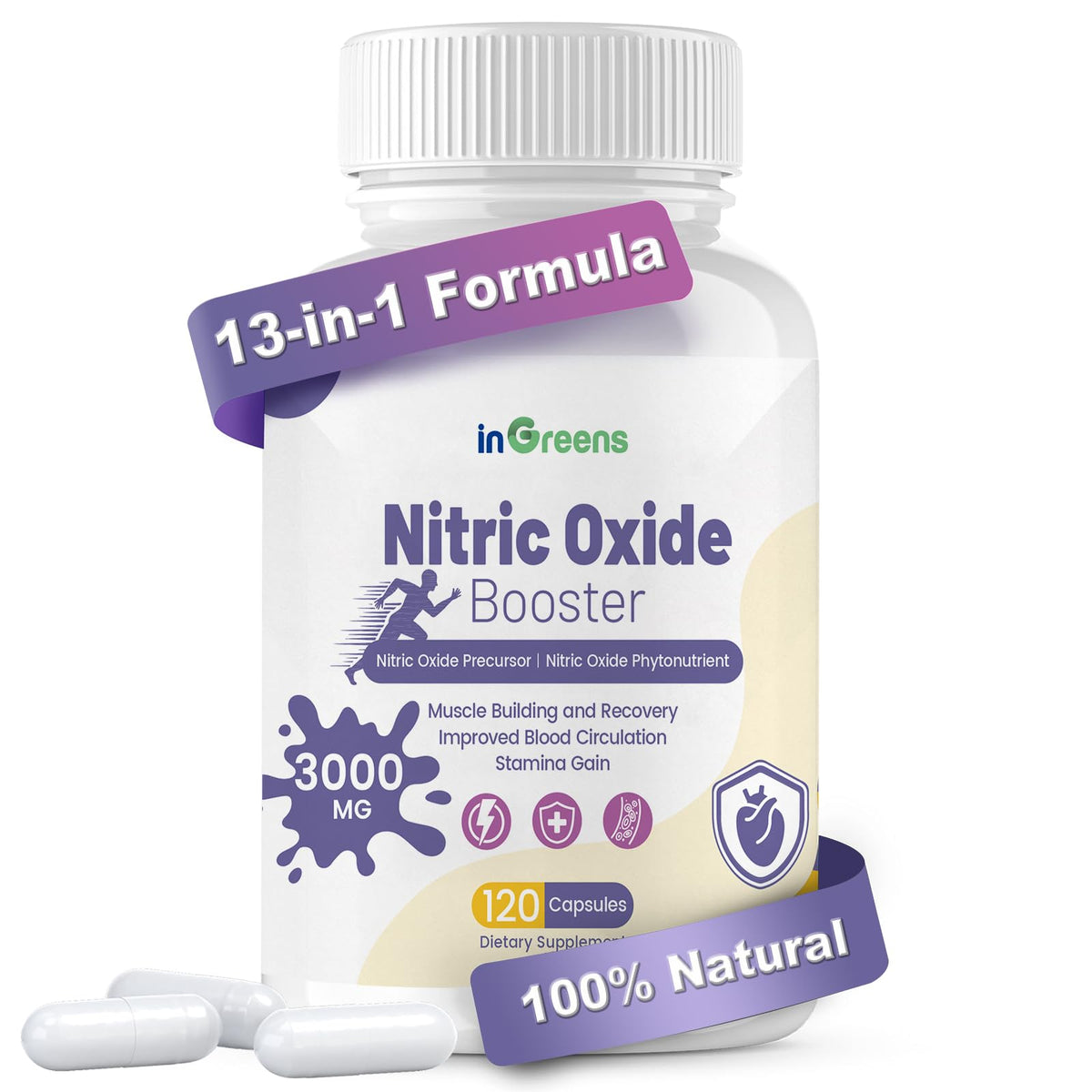 inGreens Nitric Oxide bottle front with 120 capsules for energy and endurance