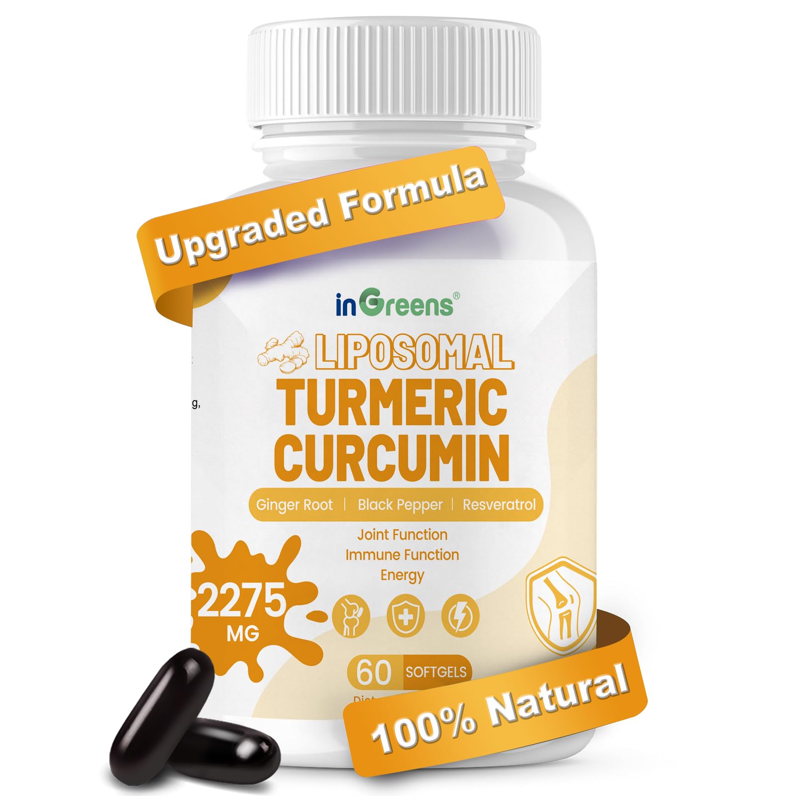 inGreens Turmeric bottle close-up showing 60 softgels for daily joint support