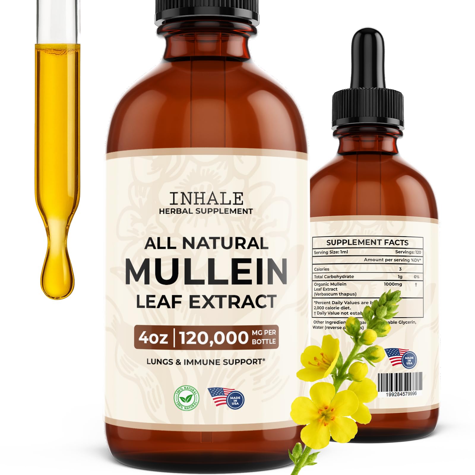Inhale Mullein Drops bottle close-up highlighting tincture for lung support and mucus relief.