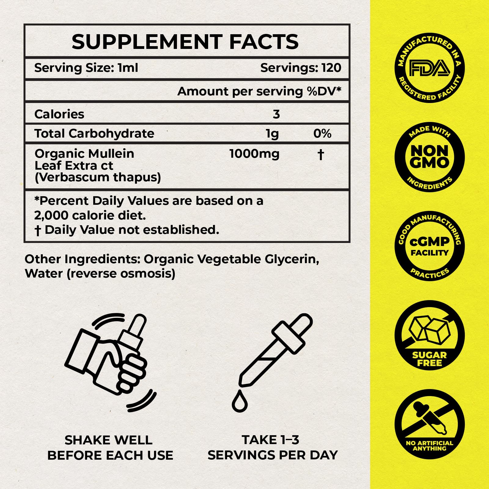 Inhale Mullein Drops label detail conveying premium non-GMO ingredients for throat care.