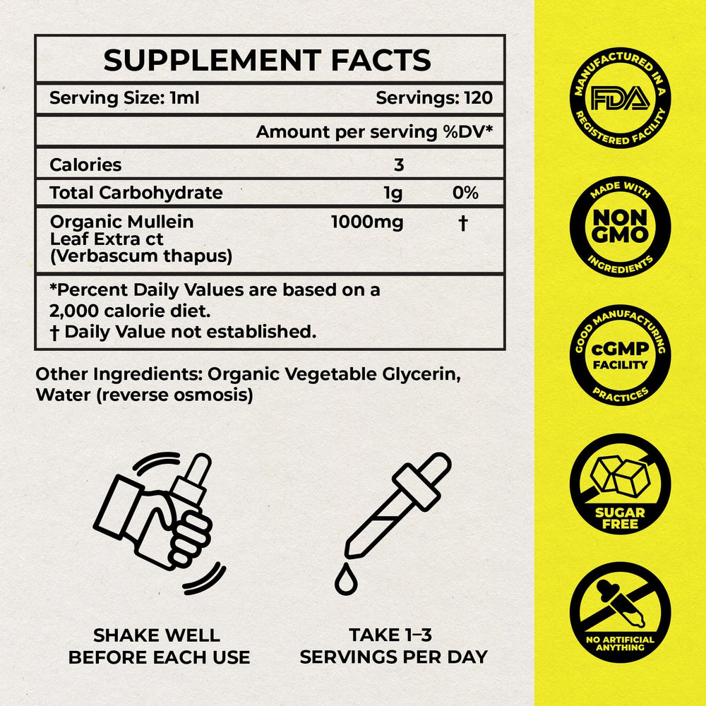 Inhale Mullein Drops label detail conveying premium non-GMO ingredients for throat care.