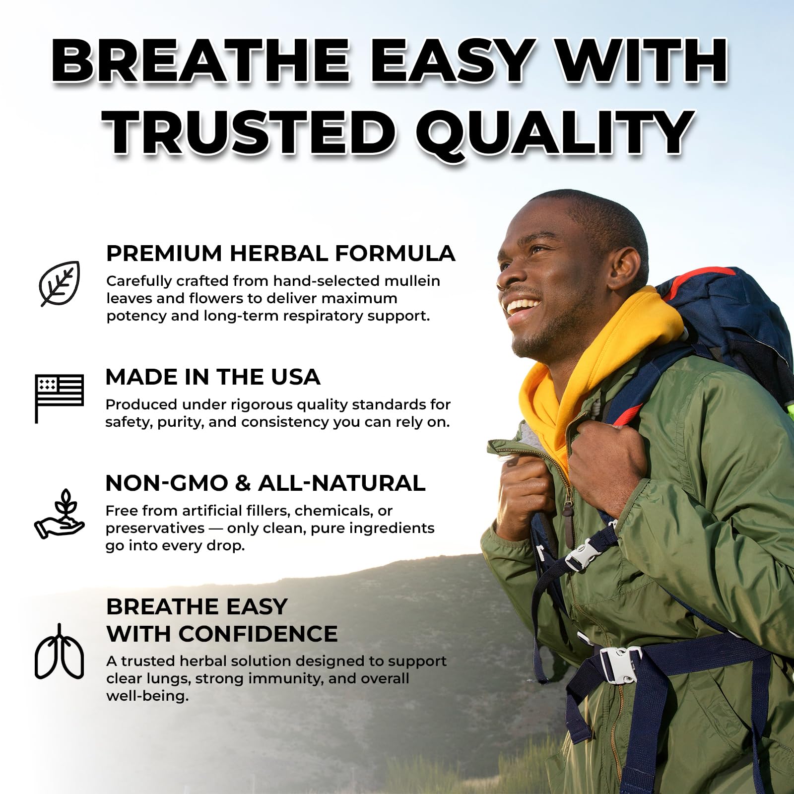 Inhale Mullein Leaves illustration emphasizing natural mullein extract for lung wellness.